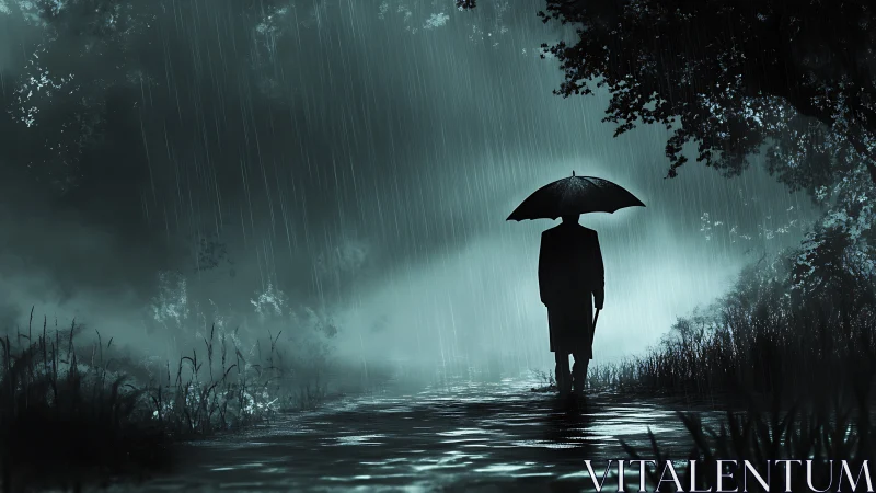 Solitary figure with umbrella walks misty forest path