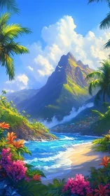 Tropical coastal mountain landscape with beach and vegetation.