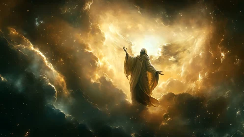 Robe-clad winged figure ascends within luminous nebula