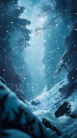 Snow-soft forest path drifting into a dreamy blue hush.