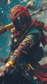 Hooded warrior in red and gold lunges forward with weapon