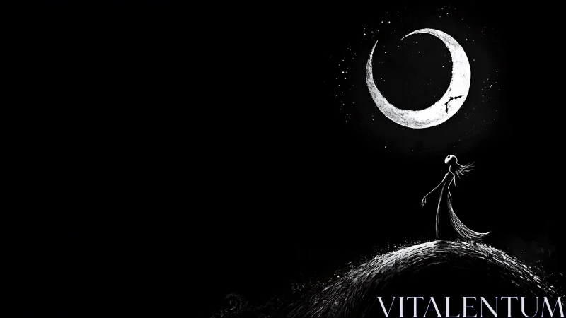 Solitary figure under crescent moon on stark black hill.