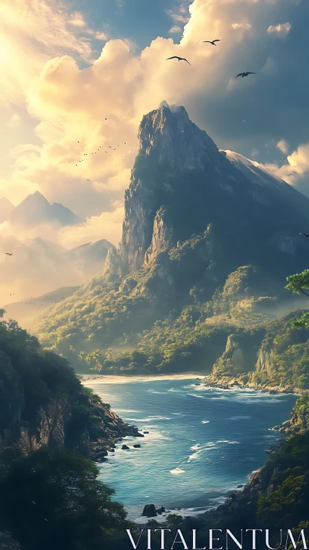 Sunlit alpine seascape renders towering peak above inlet