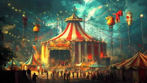 Stormlit carnival big top blazing against a dreamlike sky.
