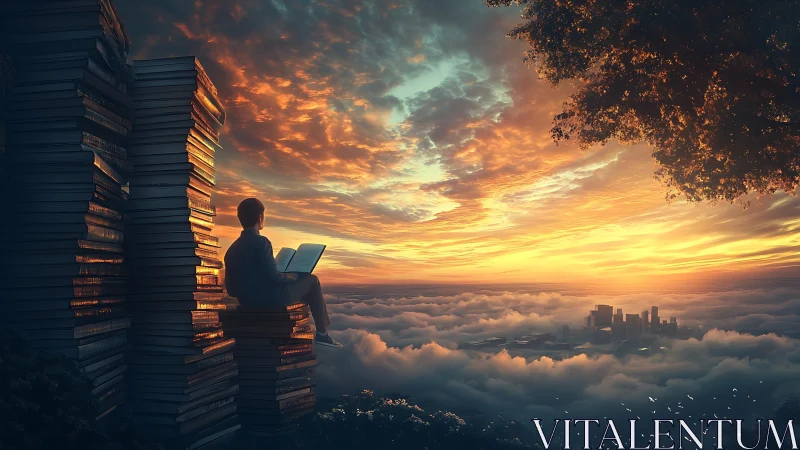 Boy on towers of books quietly studies above a glowing city sunset