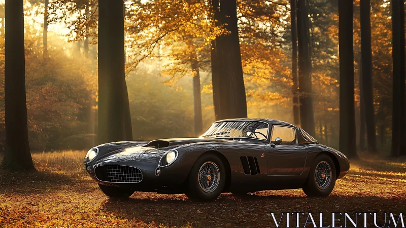 Classic sports coupe parked in sunlit autumn forest clearing