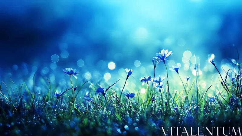 Blue dawn meadow where tiny wildflowers greet quiet light.