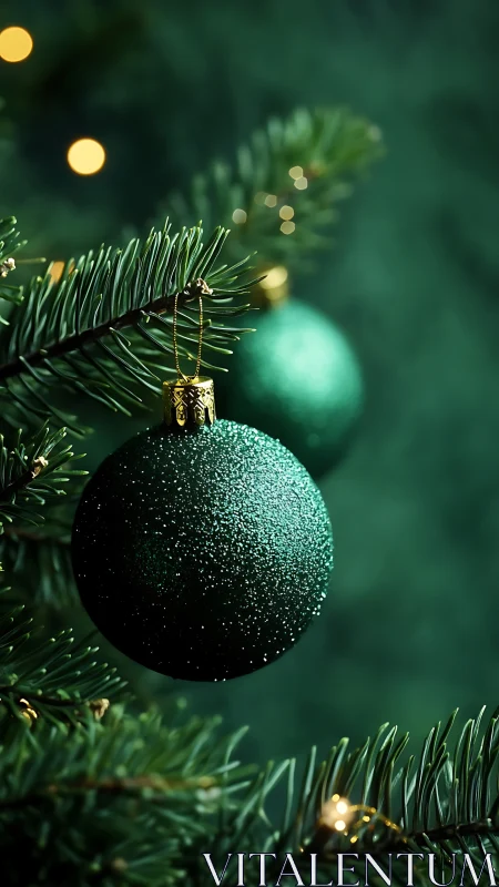 Emerald glitter bauble on fir branch in shallow festive focus