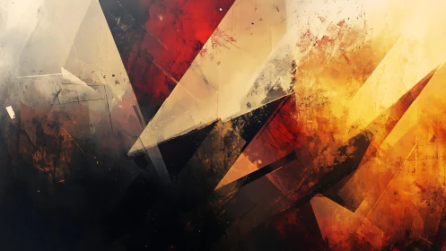 Abstract geometric painting with sharp angles and warm colors.