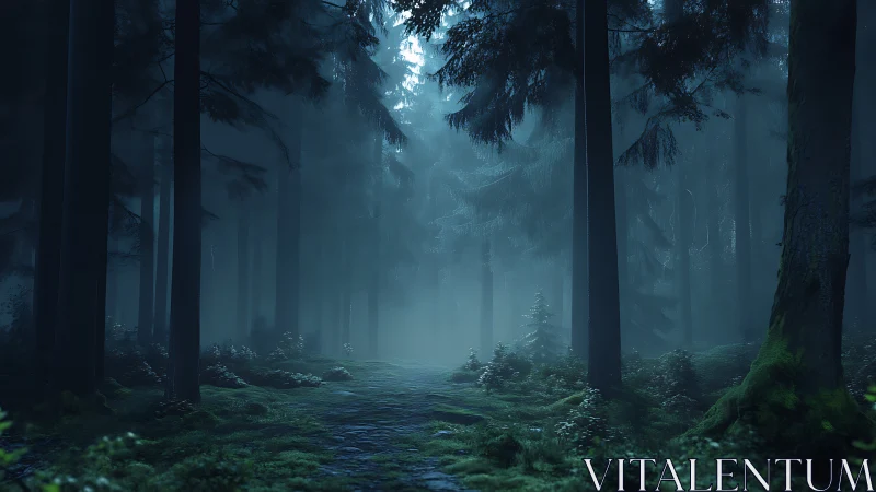 Misty forest path with tall conifers and ground vegetation.