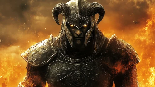 Armored horned warrior emerges from infernal firestorm glow