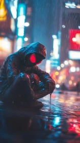 Neon-soaked hooded figure crouching in rainy night street.