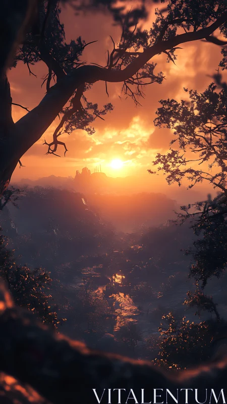 Sunlit valley landscape glows beneath fiery orange dusk sky