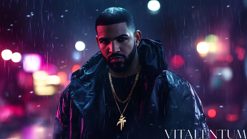 Neon‑lit portrait of hooded man in rain with reflective jacket