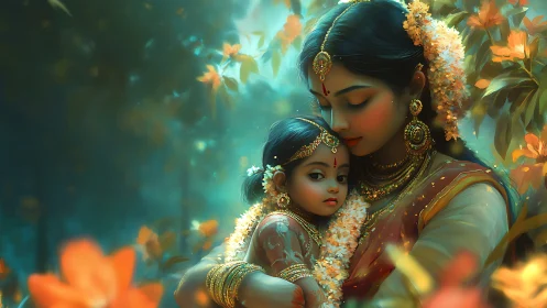 Mother and child in ornate attire stand in soft forest light