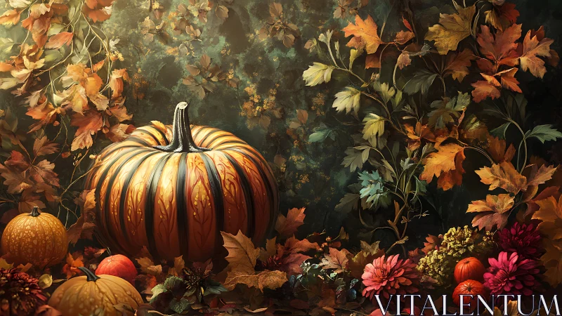 Ornamental pumpkin tableau within lush autumn botanicals.