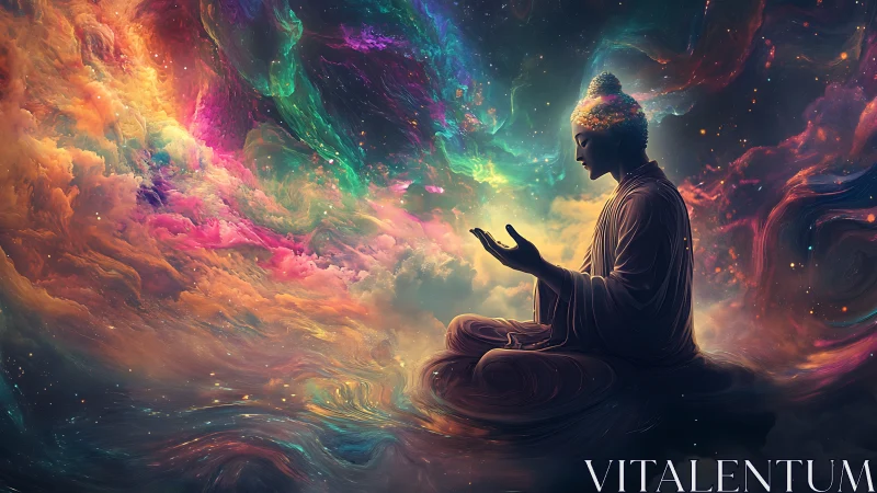 Cosmic Buddha meditates within swirling nebula light