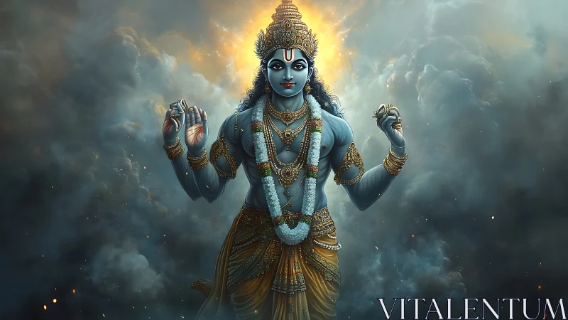 Stormlit blue deity strides through clouds of silent thunder.