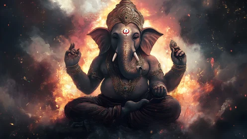 Divine Ganesha sits in fiery cosmic meditation glow