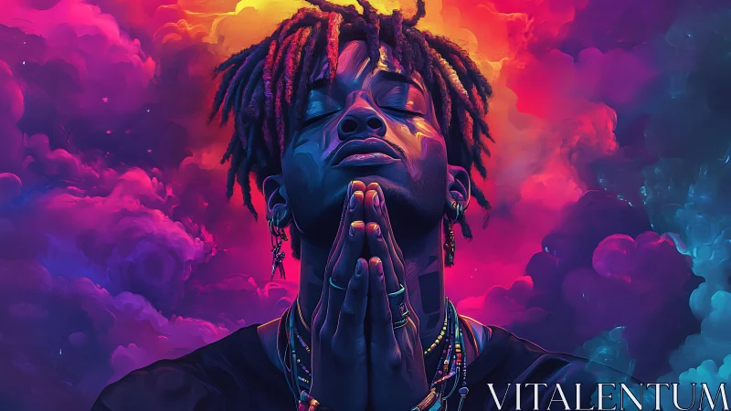 Neon-lit portrait depicts praying figure amid high-saturation nebula