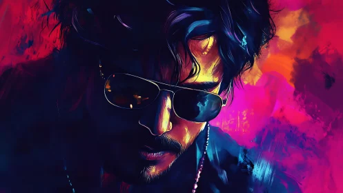 Neon-lit portrait of brooding man in reflective sunglasses.