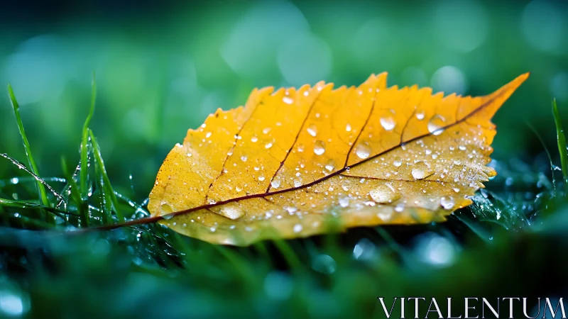 Rain-kissed amber leaf resting in a jeweled emerald lawn.