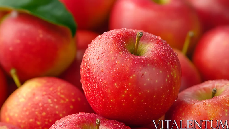 Fresh red apples with water droplets in vivid closeup.