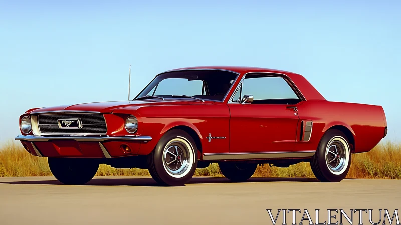Crimson classic Mustang basking in soft golden roadside light.