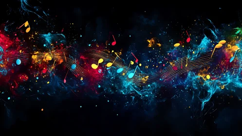 Vibrant digital music waves with colorful floating notes.