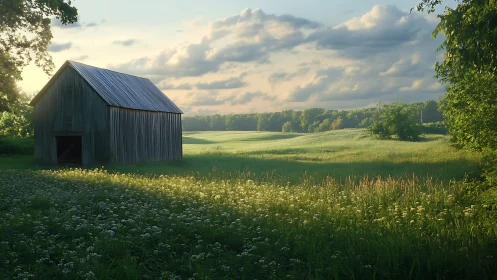 Photorealistic rural barnscape in evening backlight composition.