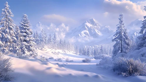 Snow covered conifer forest with distant alpine mountains.