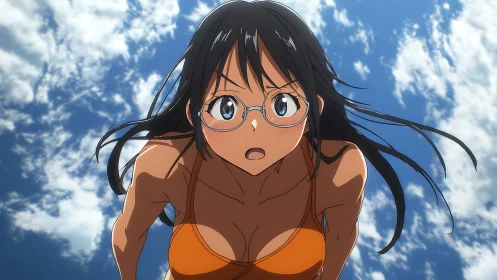 Surprised anime girl in orange swimsuit under vivid sky
