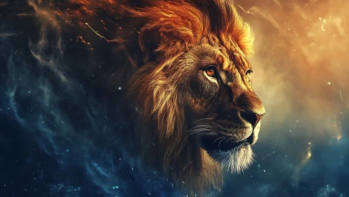 Celestial lion profile amid swirling nebula lightscape.