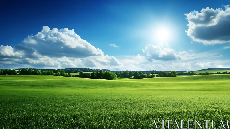Sunlit rolling meadow under stratocumulus cloud formations