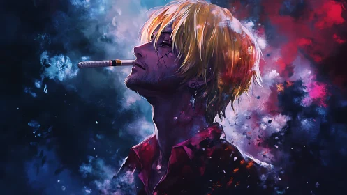 Moody blond smoker leans back in a storm of cosmic color