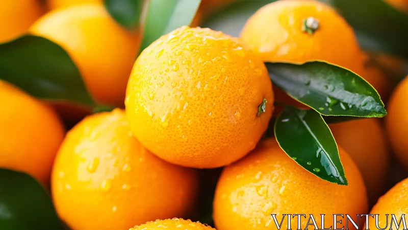 Glowing oranges with dewy leaves under soft natural light.