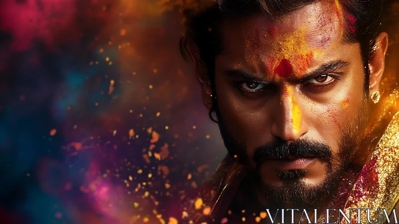 Warpainted gaze carves fire through swirling festival nebula