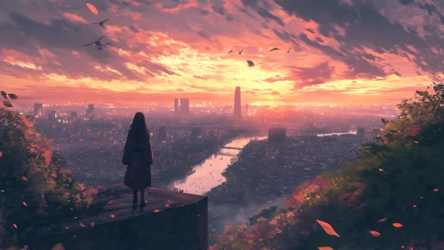 Solitary figure watches a neon-lit city ignite at sunset