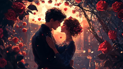 Silhouetted couple embrace amid glowing roses.