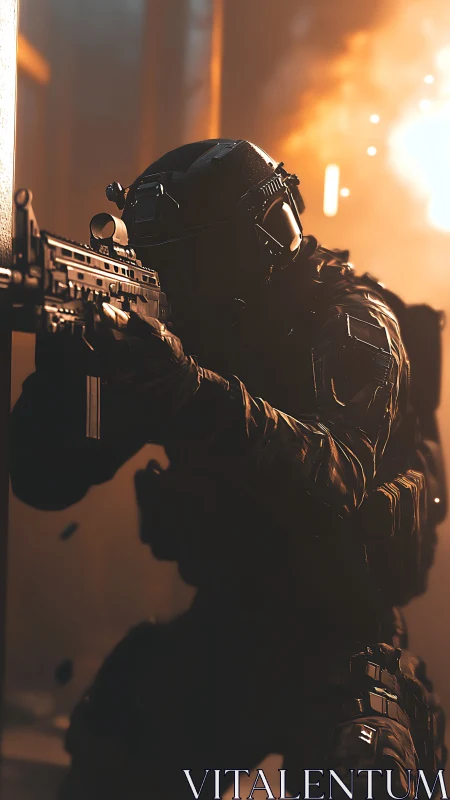 Tactical operative in low-key lighting amid explosive backlight.