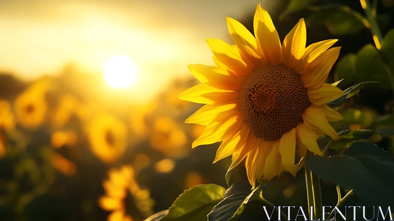 Sunflower stands in sharp focus against bright sunset light
