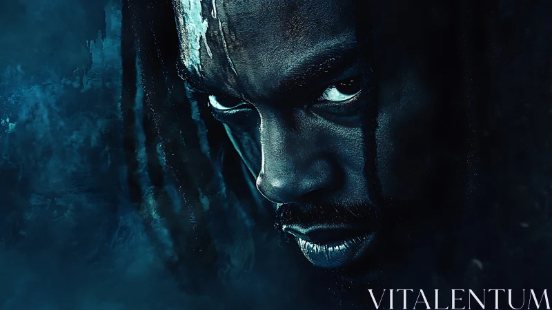 Intense male portrait with dramatic blue lighting focus.