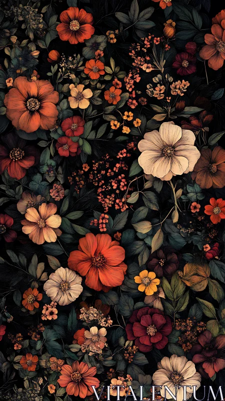 Dark Floral Composition: Multi-Scale Botanical Arrangement with Warm Chromatic Palette