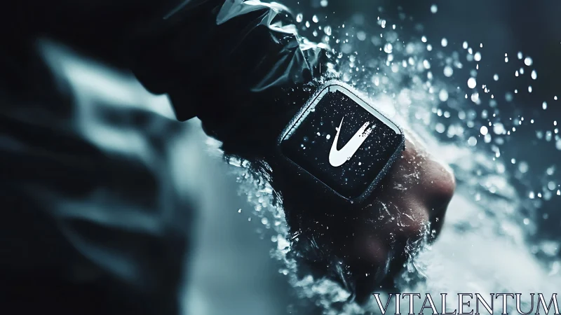 Smartwatch with Nike logo in dynamic water splash scene.