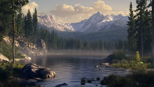 Serene alpine lake beneath sunlit, snow‑capped peaks at dusk.