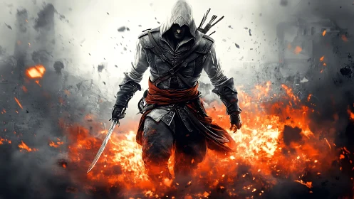 Hooded rogue swordsman emerging through explosive firestorm