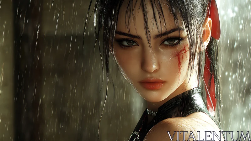 Wounded female warrior in rain with intense focused gaze.