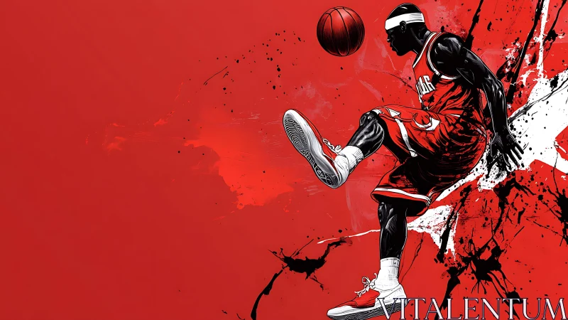 Basketball player kicks ball amid explosive red splatter