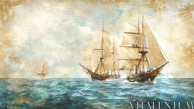 Two sailing ships move across rough textured seascape