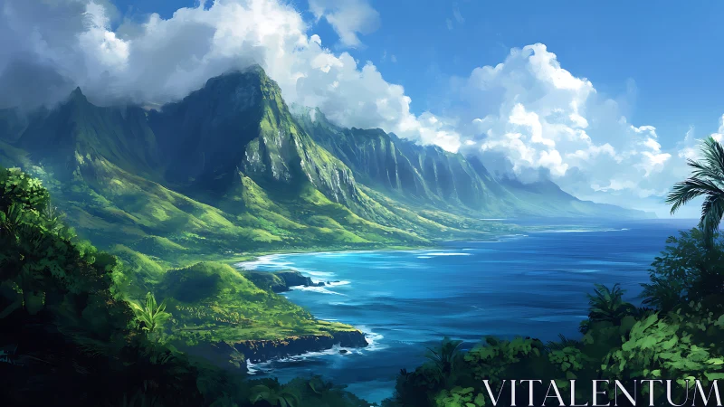 Verdant coastal mountain meets turquoise Pacific waters.